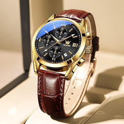 Olevs Watches for Men Analog Leather Band Mens Watches Business Watch for Men Large Face Dress Watch Men Easy Read Wrist Watches for Men with Day Date Luxury Two Tone Arabic Numerals Men Watches