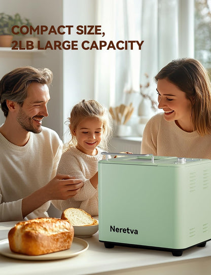 Neretva Bread Maker, 20-in-1 2LB Bread Machine Metal Material & Nonstick Pan & Low Noise Dual Heater Bread Makers Machine with Gluten Free White Wheat Rye French Pizza Breadmaker Recipe- Light Green