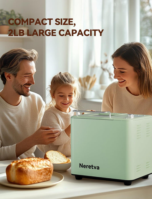Neretva Bread Maker, 20-in-1 2LB Bread Machine Metal Material & Nonstick Pan & Low Noise Dual Heater Bread Makers Machine with Gluten Free White Wheat Rye French Pizza Breadmaker Recipe- Light Green - PuriLite