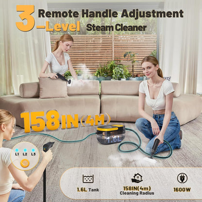 Handheld Steam Cleaner with 15-Piece Accessories, 3-Level Adjustable Handle, 15s Heat-Up, 1.6L Tank – Portable Steamer for Floors, Upholstery, Car, Carpet, and Grout