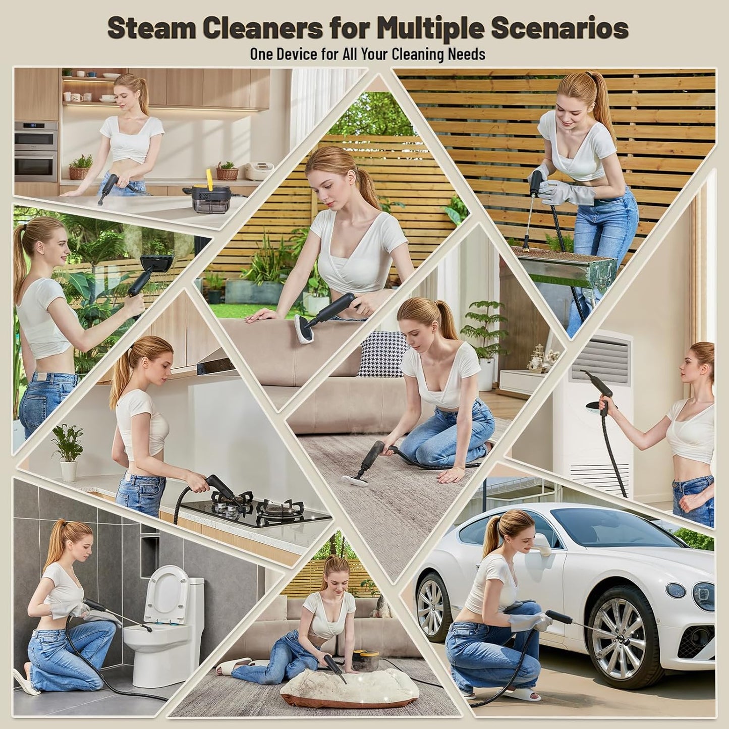 Handheld Steam Cleaner with 15-Piece Accessories, 3-Level Adjustable Handle, 15s Heat-Up, 1.6L Tank – Portable Steamer for Floors, Upholstery, Car, Carpet, and Grout