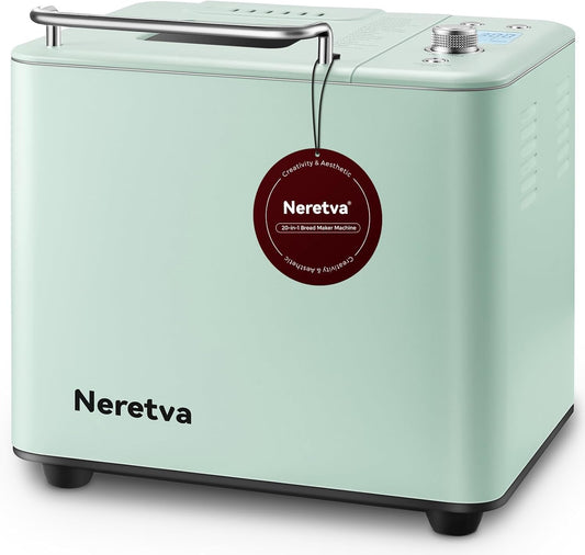 Neretva Bread Maker, 20-in-1 2LB Bread Machine Metal Material & Nonstick Pan & Low Noise Dual Heater Bread Makers Machine with Gluten Free White Wheat Rye French Pizza Breadmaker Recipe- Light Green
