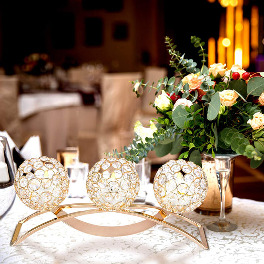 3 Arms Crystal Candle Holders, European Classic Romantic Arch Iron Crystal Ball Candle Stand Centerpieces for Wedding Valentines Day, Dinning Room Table Decoration (Gold) - PuriLite