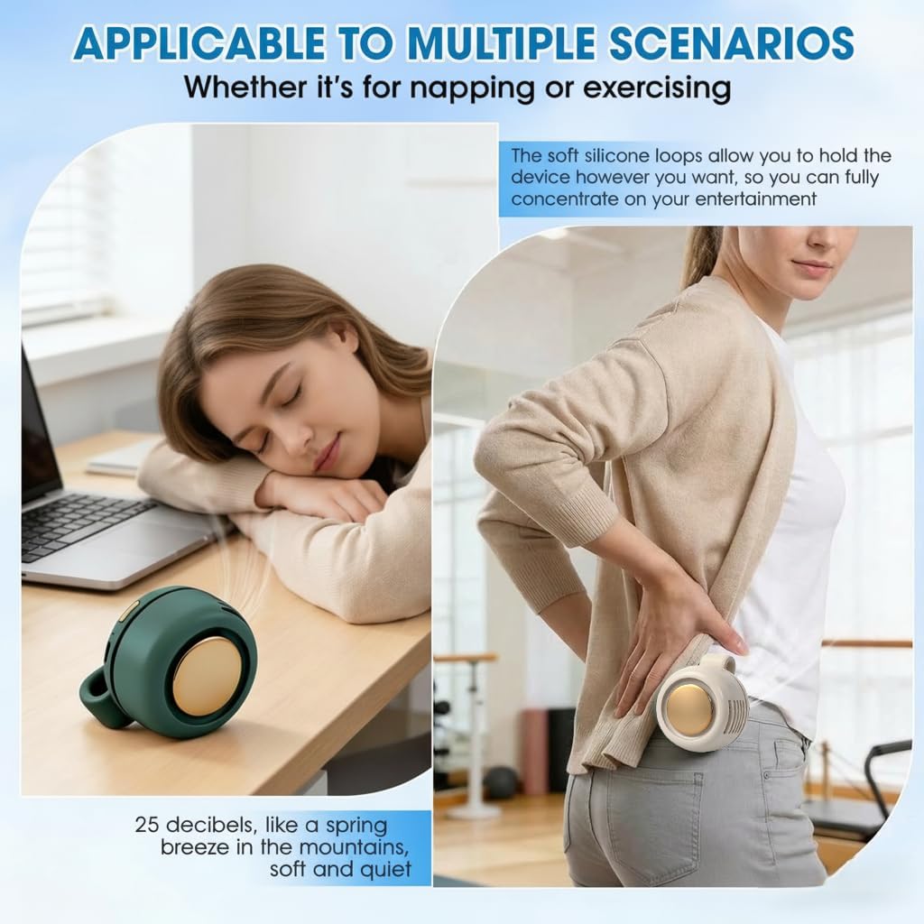 Portable Rechargeable Clip-On Bladeless Mini Fan with 3-Speed Settings, Ultra Quiet Personal Cooling Fan, Hands-Free Waist & Neck Clip Design for Travel, Office, Outdoor Activities and Daily Use