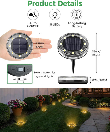 Solar-Powered Outdoor Garden Lights, 8-Pack LED Pathway and Landscape Lighting, Waterproof Mini Puck Lights for Yard, Patio, Driveway, Lawn, Warm White