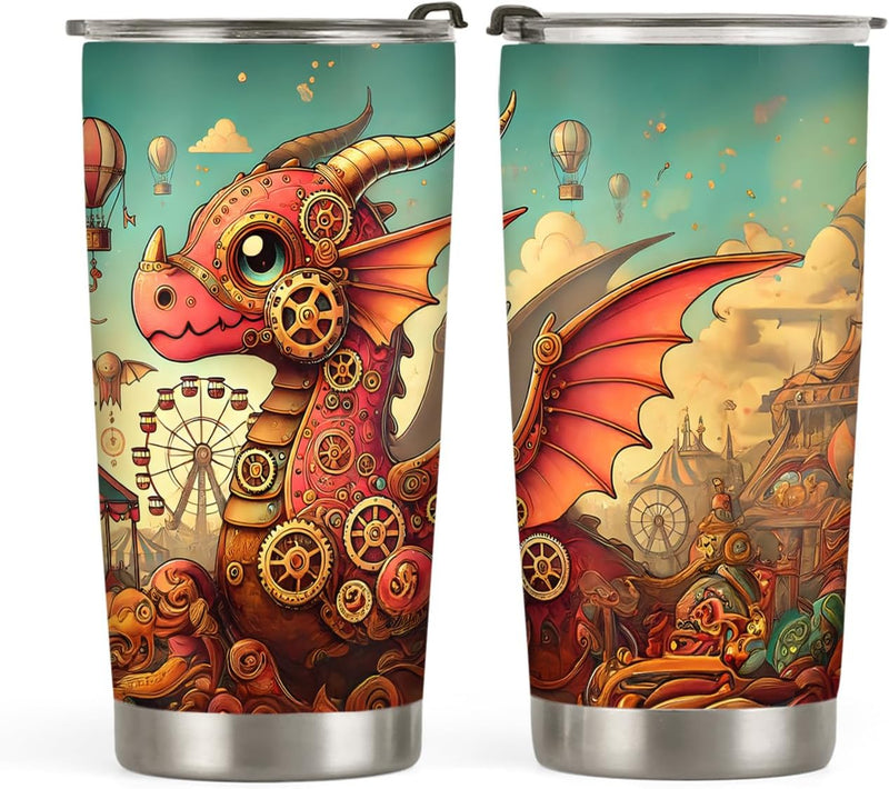 Steampunk Mechanical Dragon Tumbler 20oz, Dragon Gifts for Dragon Lovers, Gamer Gifts, Gaming Gifts, Dragon Tumbler Cup, Stainless Steel Double Wall Vacuum Insulated Travel Coffee Mug with Lid - A