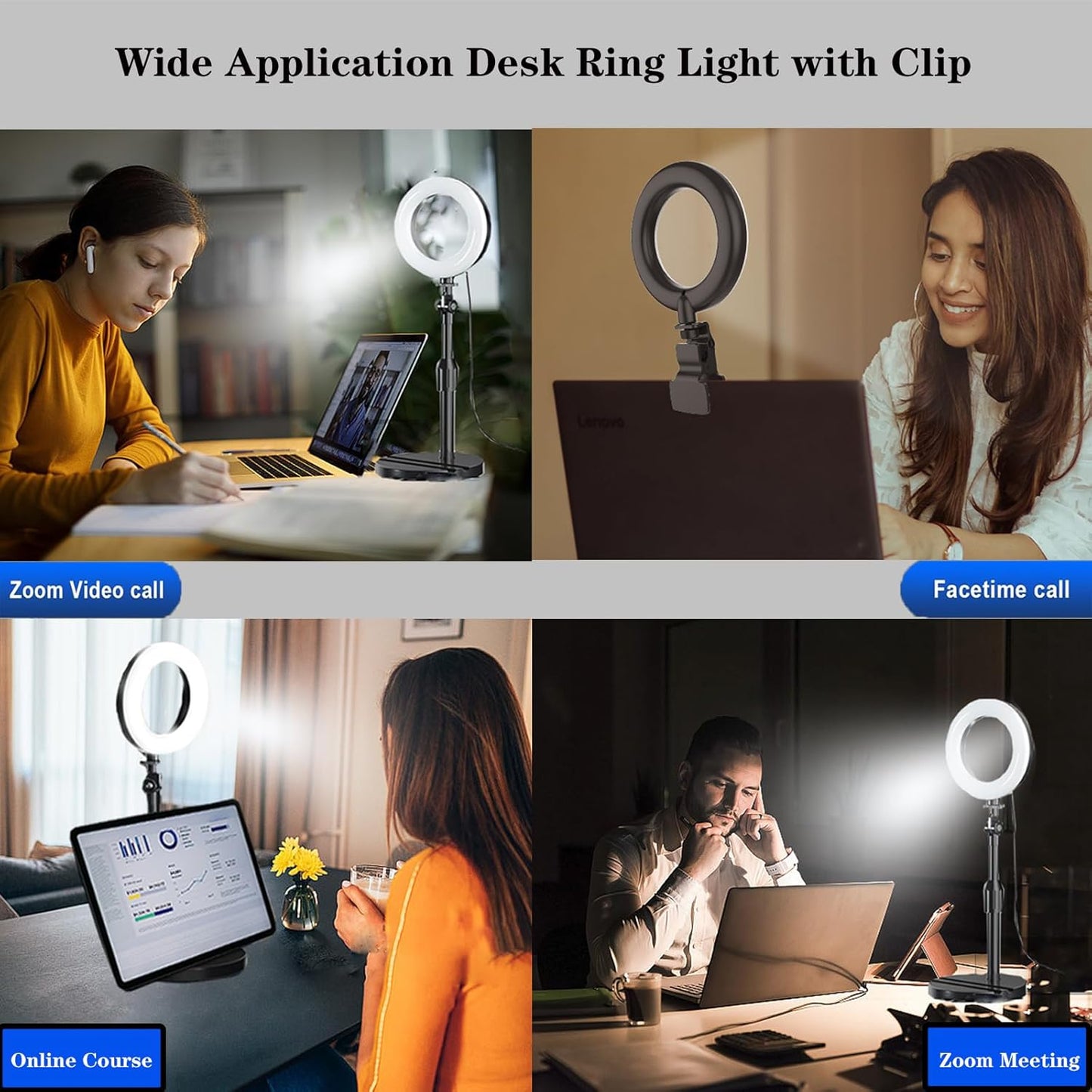 USB Desk Ring Light with Adjustable Stand, Dimmable LED Lighting for Video Calls, Live Streaming, Makeup, Photography and Content Creation