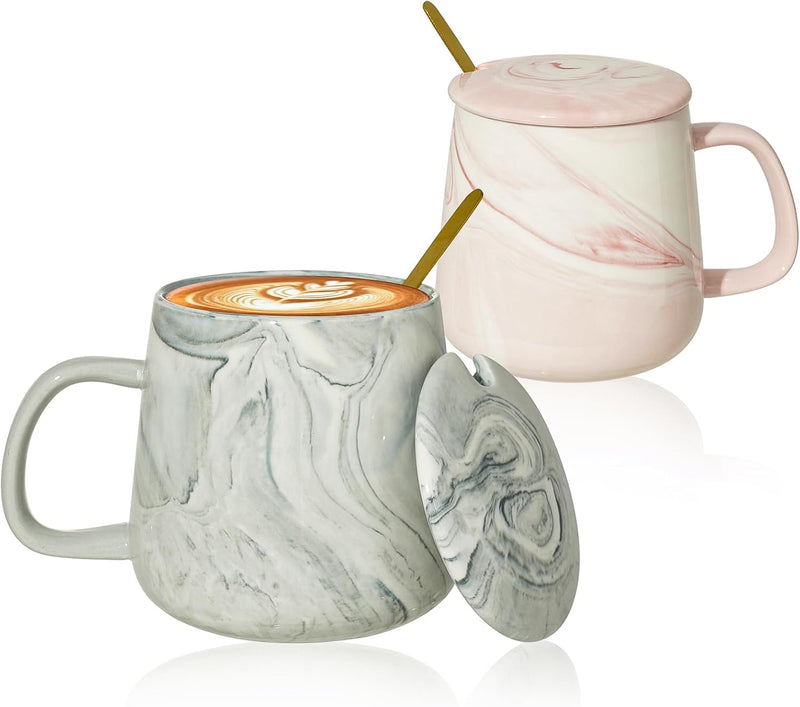 2 PACK Ceramic Cappuccino Cup, 13.5 oz Mr and Mrs Cappuccino Coffee Cups Pink & Gray Marble Coffee Mug with Lid Spoon Ice Coffee Espresso Cups Mocha Latte Tea Cups Wedding Valentines Day Couple Gifts