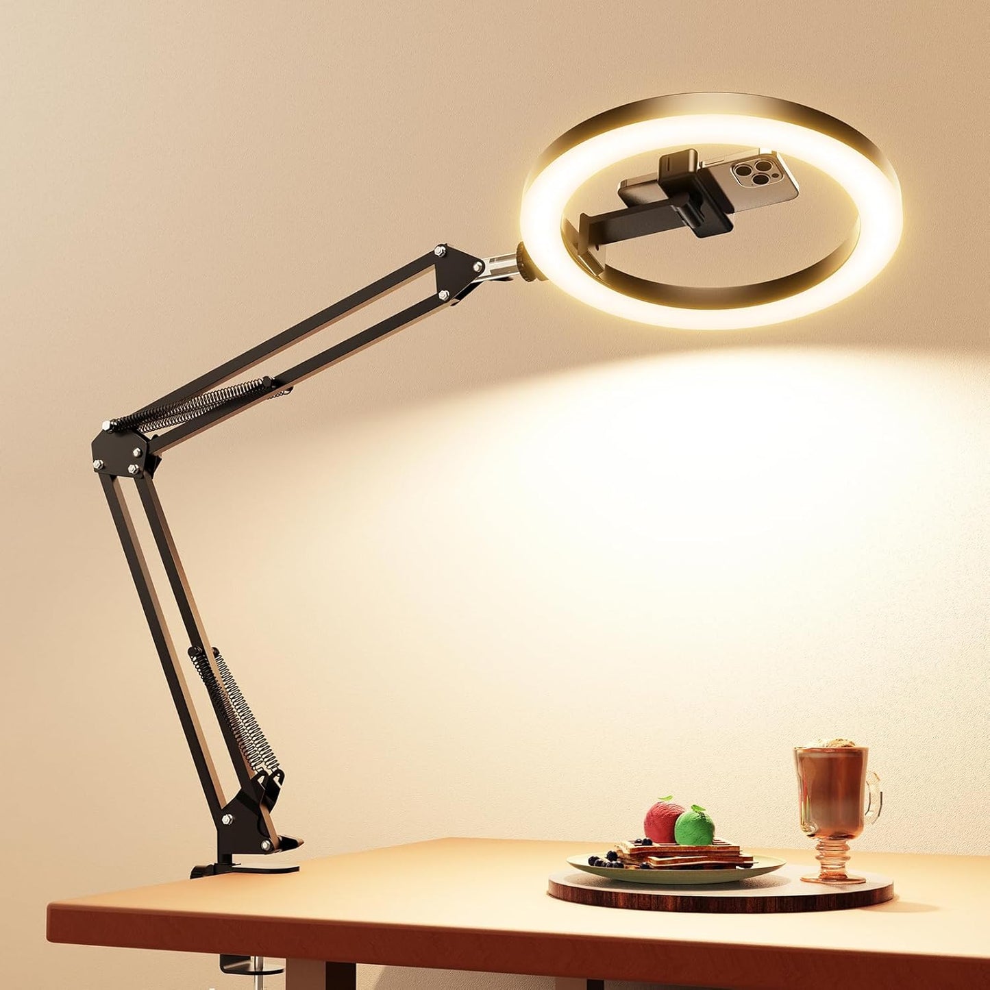 10-Inch Desk Ring Light with Adjustable Stand and Phone Holder, Overhead LED Lighting for Video Recording, Live Streaming, Online Meetings and Content Creation
