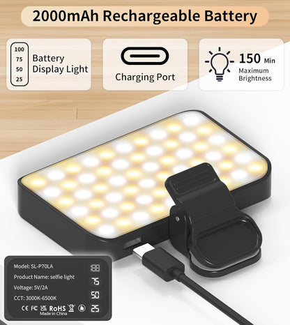 Rechargeable 60 LED Clip-On Selfie Light, Portable Dimmable Phone and Laptop Light for Video Calls, Streaming, Photography and Makeup
