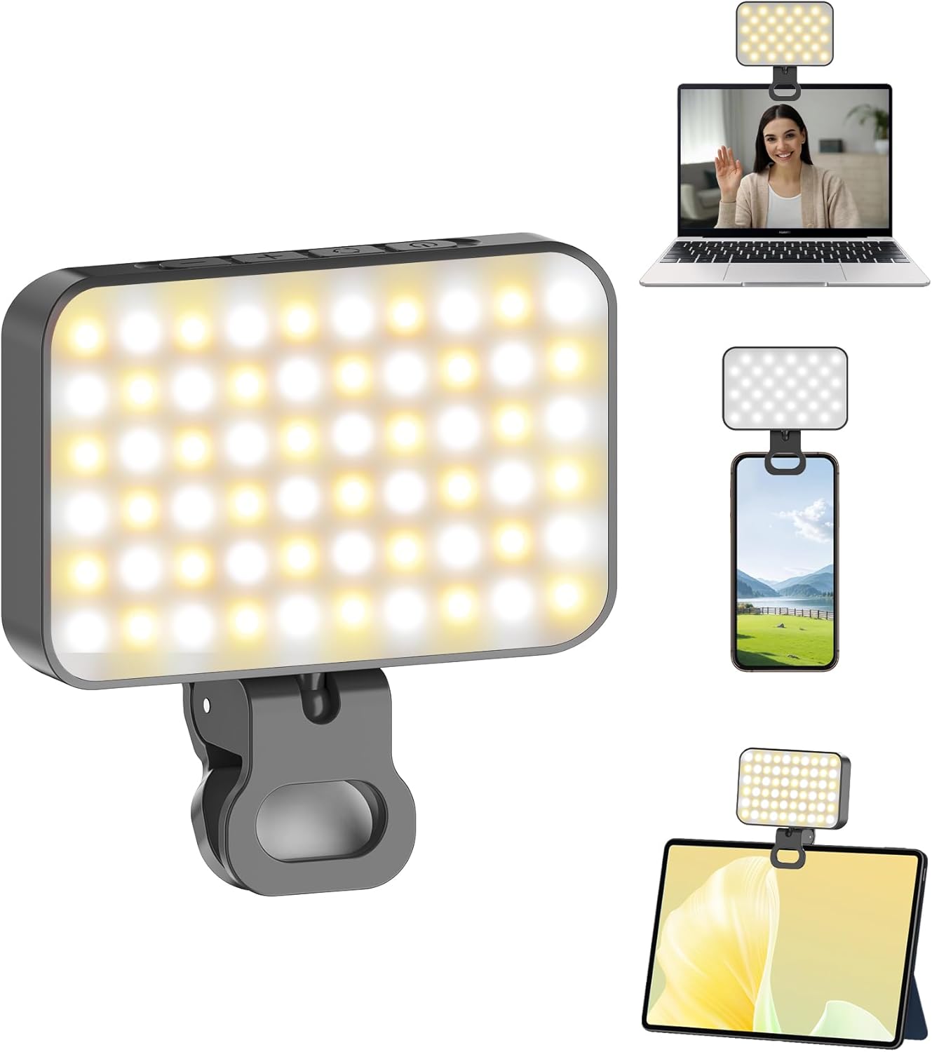 Rechargeable 60 LED Clip-On Selfie Light, Portable Dimmable Phone and Laptop Light for Video Calls, Streaming, Photography and Makeup