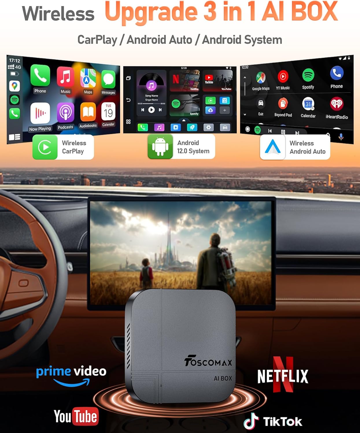 3-in-1 Wireless CarPlay & Android Auto AI Box – Streaming Adapter for Netflix, YouTube, TikTok, Dual-Band WiFi, Plug & Play for Cars with OEM Wired CarPlay/Android Auto - PuriLite