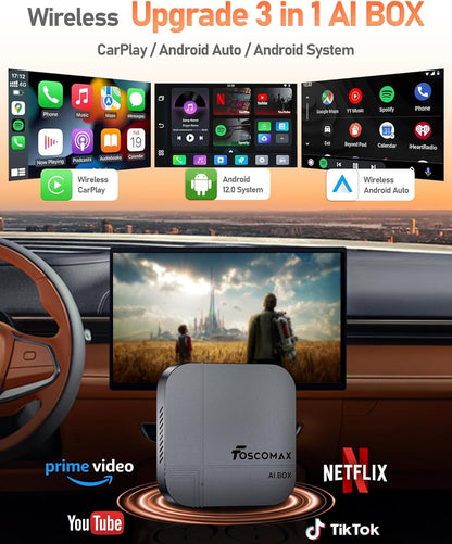 3-in-1 Wireless CarPlay & Android Auto AI Box – Streaming Adapter for Netflix, YouTube, TikTok, Dual-Band WiFi, Plug & Play for Cars with OEM Wired CarPlay/Android Auto - PuriLite