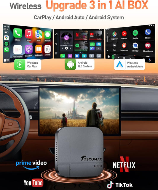 3-in-1 Wireless CarPlay & Android Auto AI Box – Streaming Adapter for Netflix, YouTube, TikTok, Dual-Band WiFi, Plug & Play for Cars with OEM Wired CarPlay/Android Auto - PuriLite