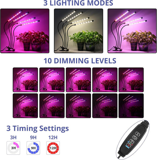 Sondiko Full Spectrum Grow Light for Indoor Plants – 4-Head LED with Auto Timer, 9-Level Dimmer & Flexible Gooseneck - PuriLite