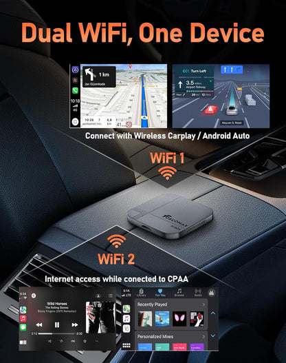 3-in-1 Wireless CarPlay & Android Auto AI Box – Streaming Adapter for Netflix, YouTube, TikTok, Dual-Band WiFi, Plug & Play for Cars with OEM Wired CarPlay/Android Auto - PuriLite