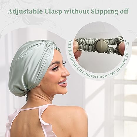 Adjustable Silk Satin Bonnet for Sleeping Hair Wrap, Double Layer Sleep Cap, Night Turban for Large Long Curly Braid Women Men Hair - Matcha Green - PuriLite