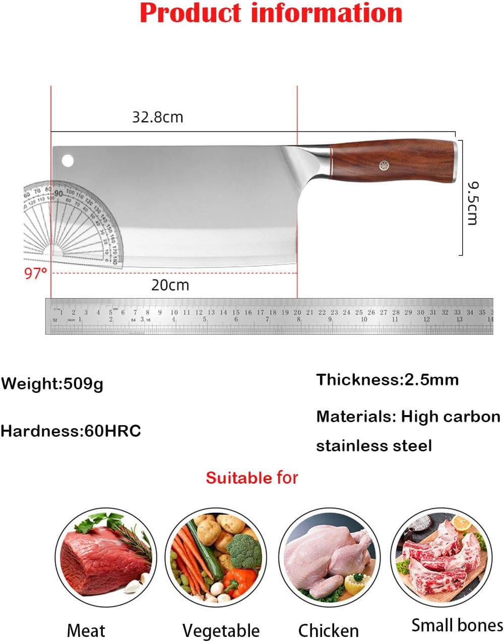 Professional Chinese Chef Knife High Carbon Fiber Stainless Steel Kitchen Knife for Super Sharp Blade (8" Chinese Chef's Knife)