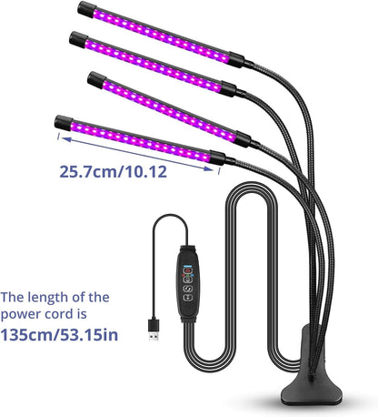 Sondiko Full Spectrum Grow Light for Indoor Plants – 4-Head LED with Auto Timer, 9-Level Dimmer & Flexible Gooseneck - PuriLite