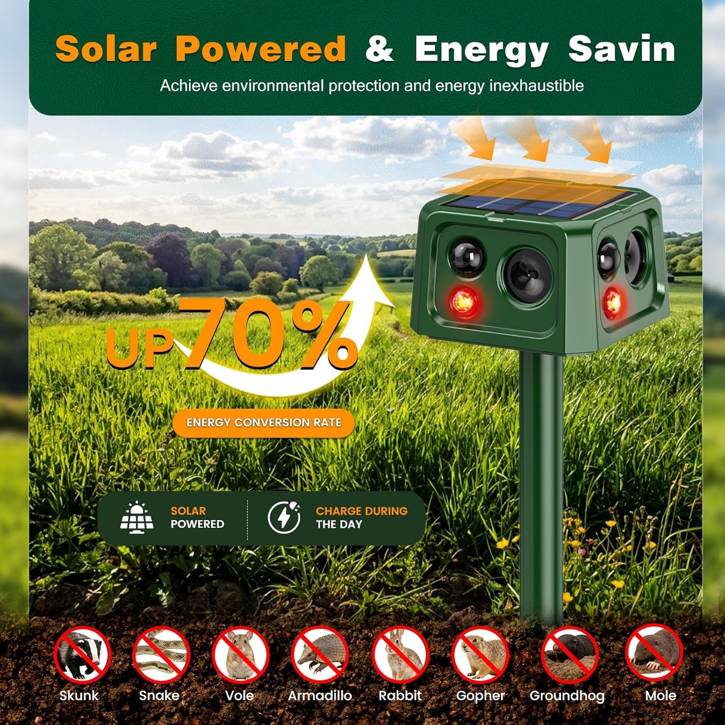 Solar Ultrasonic Animal Repellent with Motion Sensor, Waterproof Outdoor Pest Deterrent for Gardens, Lawns, Farms and Yards