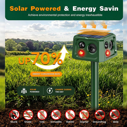 Solar Ultrasonic Animal Repellent with Motion Sensor, Waterproof Outdoor Pest Deterrent for Gardens, Lawns, Farms and Yards