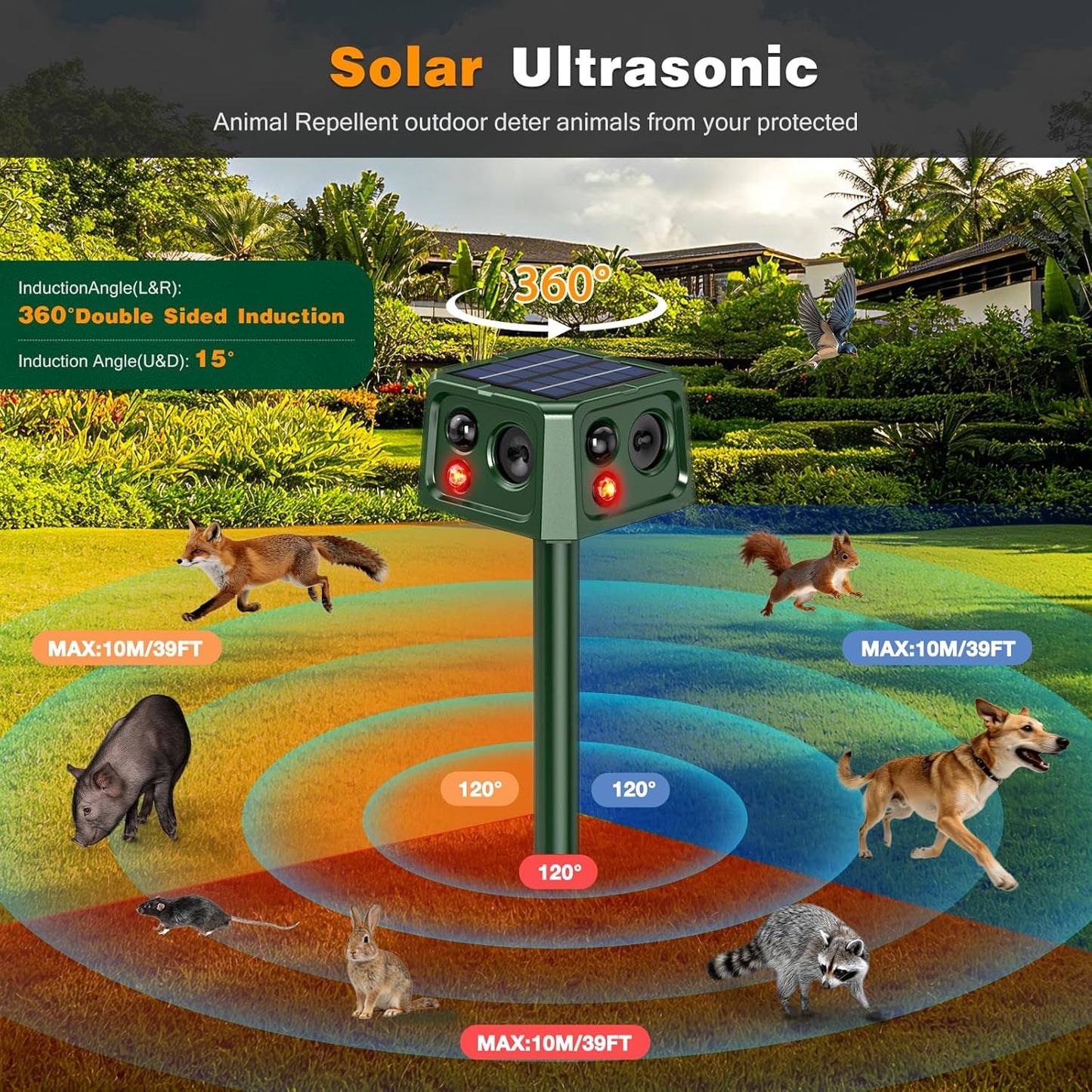 Solar Ultrasonic Animal Repellent with Motion Sensor, Waterproof Outdoor Pest Deterrent for Gardens, Lawns, Farms and Yards
