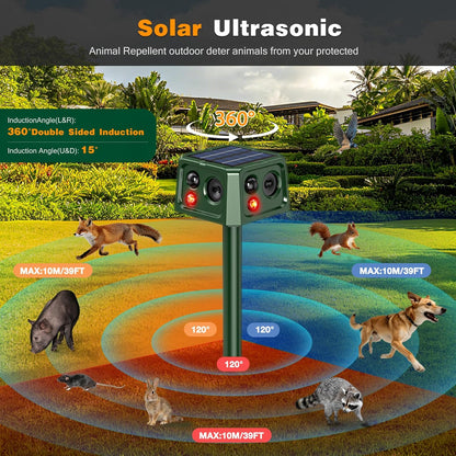 Solar Ultrasonic Animal Repellent with Motion Sensor, Waterproof Outdoor Pest Deterrent for Gardens, Lawns, Farms and Yards