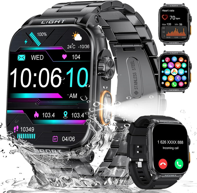 Military Smart Watch for Men(Answer/Make Calls), Outdoor LED Flashlight, 1.91in HD Touch Screen, 430mAh Battery, 100+ Sport Modes/5ATM Waterproof, Fitness Tracker Pedometer Calories for iOS Android