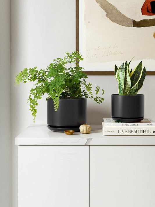LE TAUCI Ceramic Plant Pots, 4.3+5.3+6.8 inch, Set of 3, Planters with Drainage Hole and Saucer, Indoor Flower Pot with Hole Mesh Pad, Gifts for Mom, Black - PuriLite