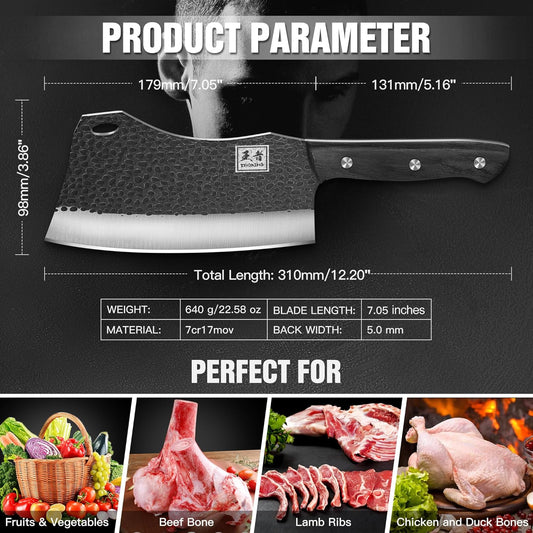 Cleaver Knife, ENOKING Meat Cleaver Hand Forged Serbian Chefs Knife German High Carbon Stainless Steel Butcher Knife for Meat Cutting with Full Tang and Gift Box, Chinese Cleaver for Kitchen & Outdoor