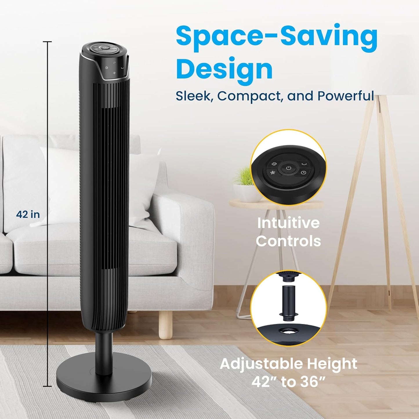 Senville 42" Oscillating Tower Fan for Bedroom, Remote, Bladeless, Quiet, 3 Modes, 7-Hour Timer, LED Display, Black