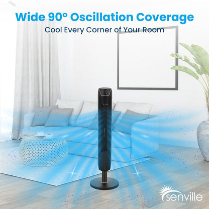 Senville 42" Oscillating Tower Fan for Bedroom, Remote, Bladeless, Quiet, 3 Modes, 7-Hour Timer, LED Display, Black