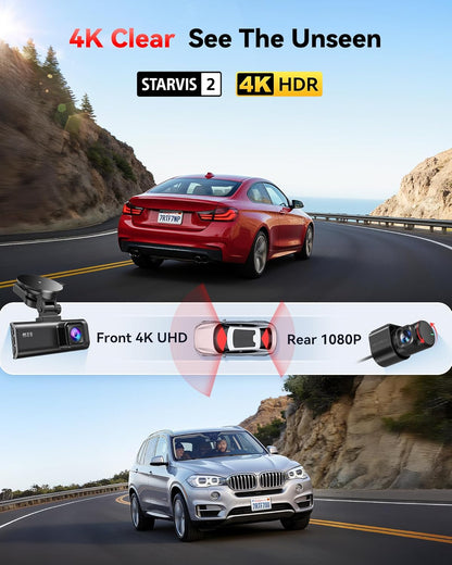 REDTIGER 4K Dash Cam Front and Rear with STARVIS 2, 5.8GHz Wi-Fi Dash Camera for Cars, 128GB Card Included, GPS, 3.18”IPS Screen, Night Vision, 170°Wide Angle, WDR, 24H Parking Mode(F7NP)