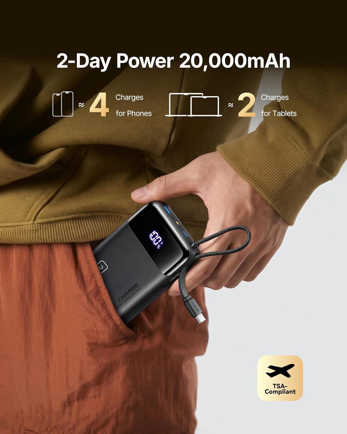 INIU 20000mAh Power Bank, Small 45W PD Fast Charging Portable Charger with Built-in USB C Cable, Flight-Safe Travel External Phone Battery Pack for iPhone 17 16 Pro Max Samsung S25 S26 Google iPad etc