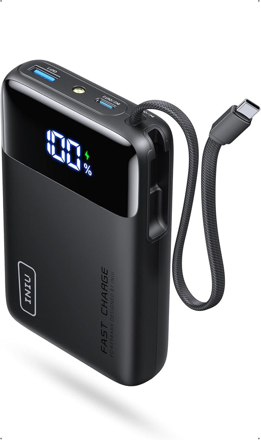 INIU 20000mAh Power Bank, Small 45W PD Fast Charging Portable Charger with Built-in USB C Cable, Flight-Safe Travel External Phone Battery Pack for iPhone 17 16 Pro Max Samsung S25 S26 Google iPad etc