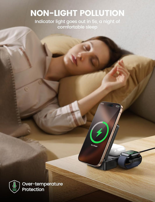 Lamicall 3-in-1 Charging Station for MagSafe - Portable Fast Charging Station Foldable Charging Stand, Travel Wireless Charging Station for iPhone 17/16/15/14/13/12 Pro Max Air, Apple Watch, Mom Gift