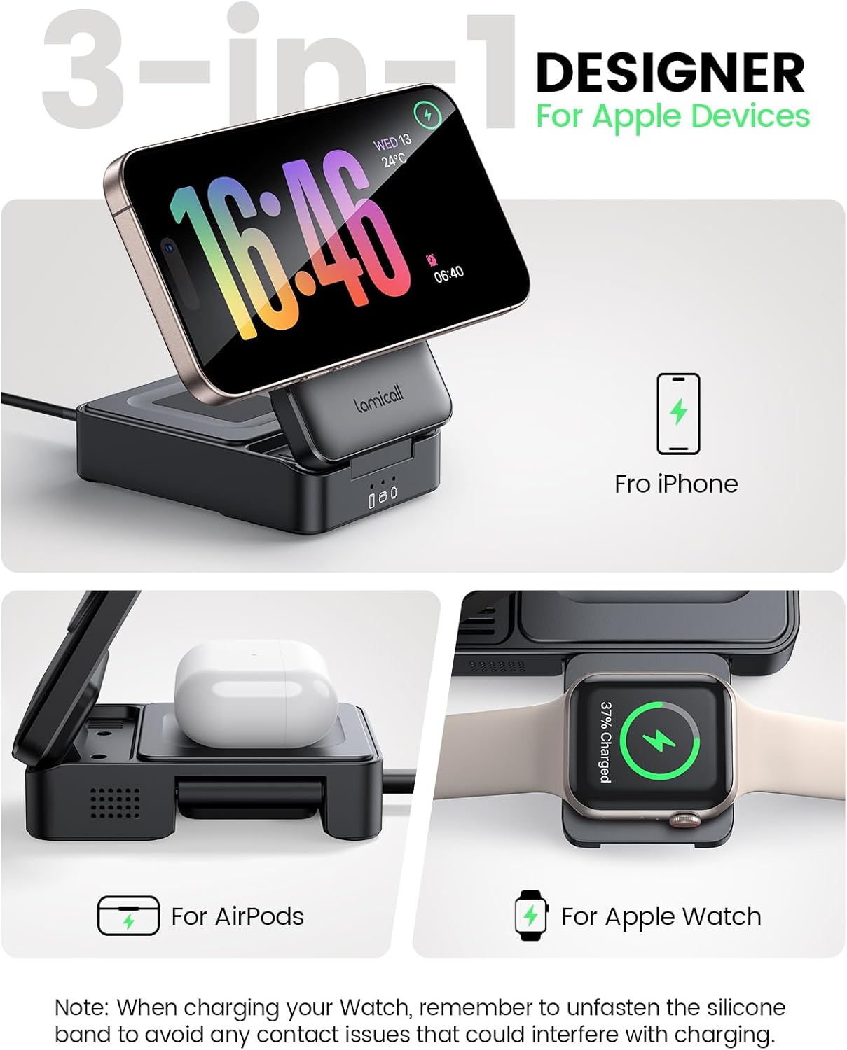 Lamicall 3-in-1 Charging Station for MagSafe - Portable Fast Charging Station Foldable Charging Stand, Travel Wireless Charging Station for iPhone 17/16/15/14/13/12 Pro Max Air, Apple Watch, Mom Gift