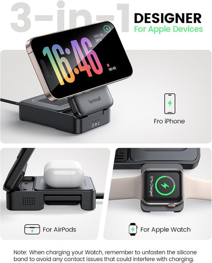 Lamicall 3-in-1 Charging Station for MagSafe - Portable Fast Charging Station Foldable Charging Stand, Travel Wireless Charging Station for iPhone 17/16/15/14/13/12 Pro Max Air, Apple Watch, Mom Gift