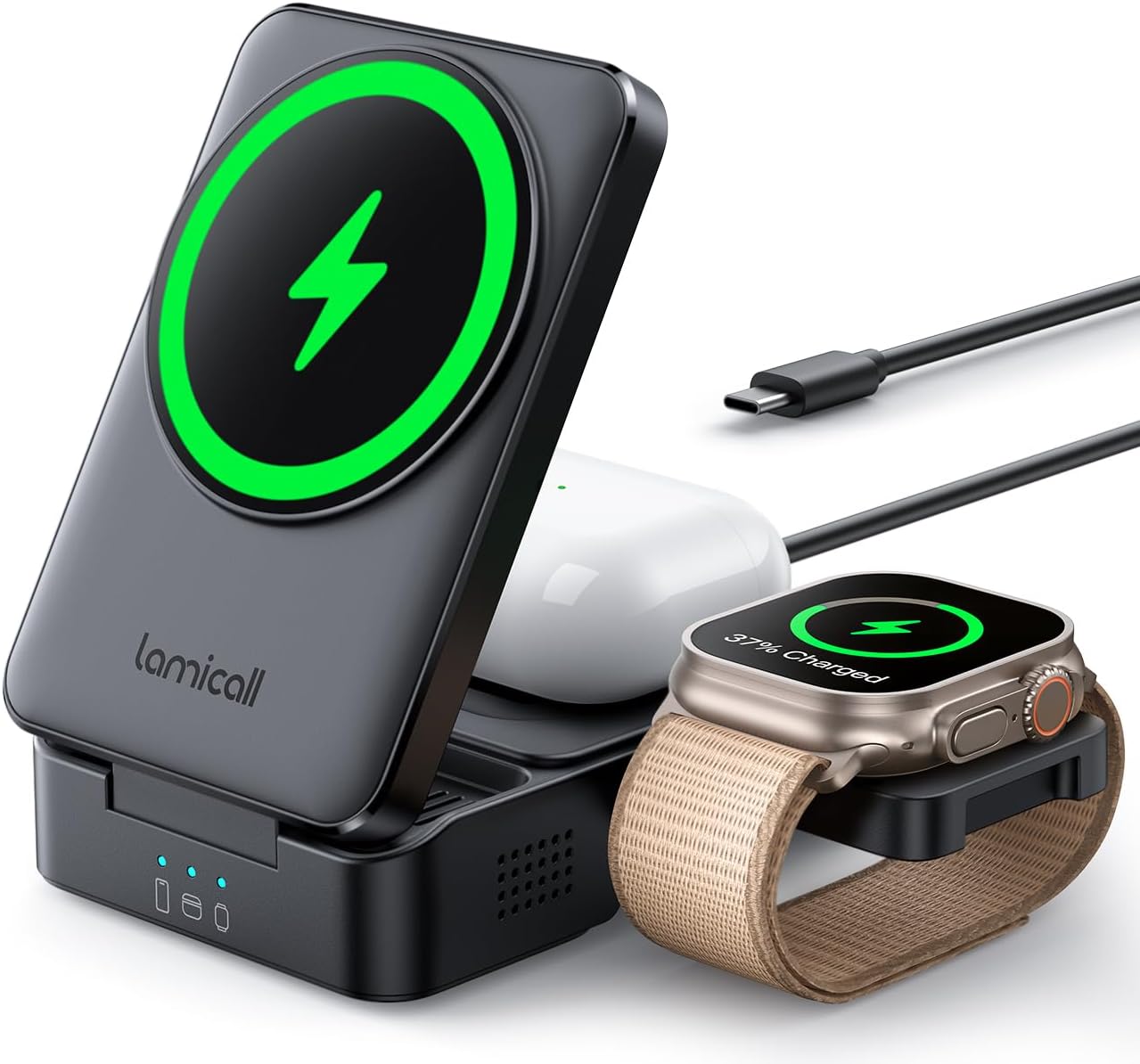 Lamicall 3-in-1 Charging Station for MagSafe - Portable Fast Charging Station Foldable Charging Stand, Travel Wireless Charging Station for iPhone 17/16/15/14/13/12 Pro Max Air, Apple Watch, Mom Gift