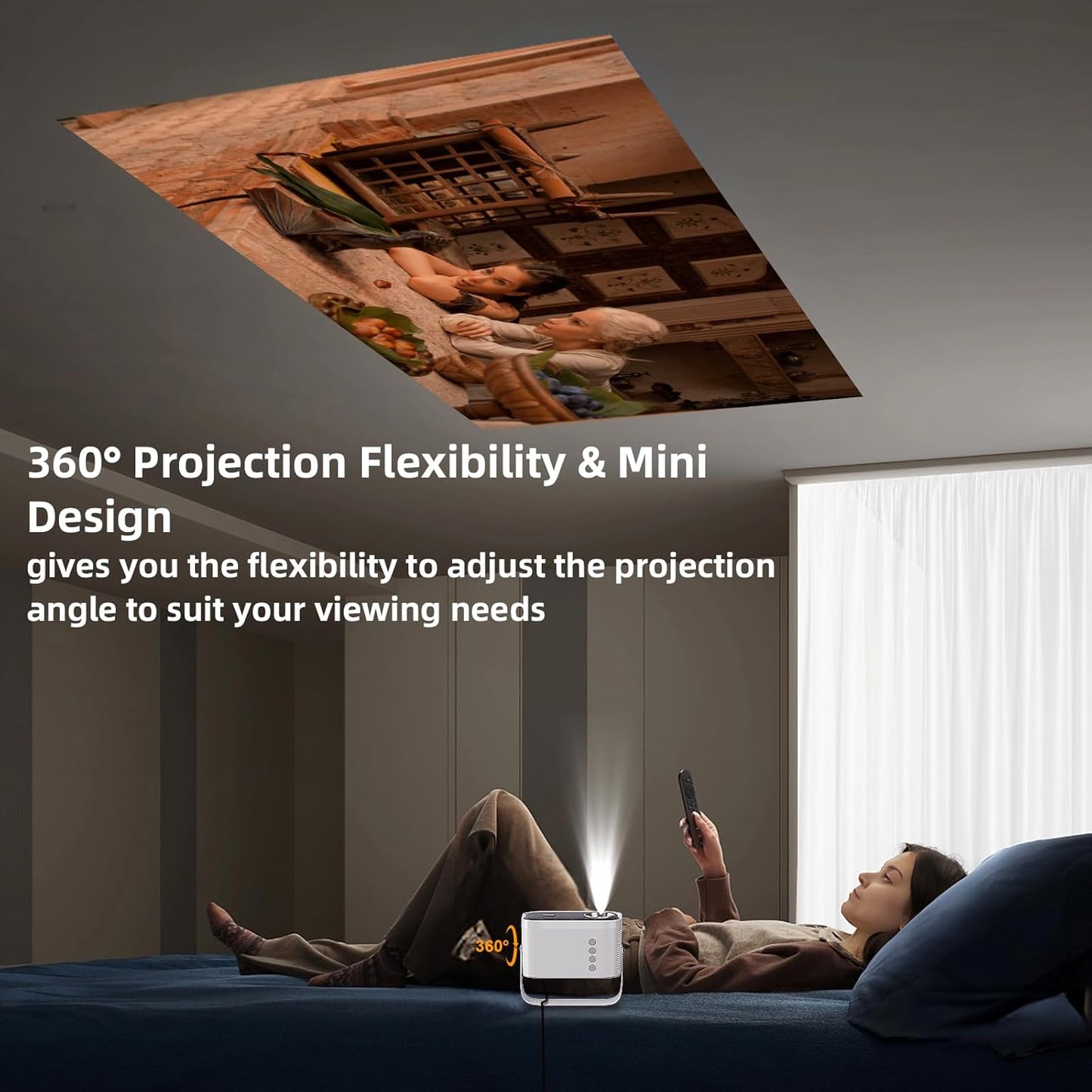 Mini Projector 1080P HD with 3s Remote Focus & 360° Rotation Stand - WiFi 6 & Bluetooth 5.2, Auto Keystone, Perfect for Travel & Home Theater, Compatible with Phone/PC/TV Stick/USB/HDMI