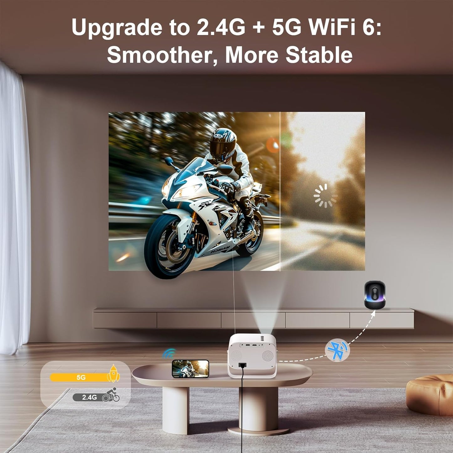 Mini Projector 1080P HD with 3s Remote Focus & 360° Rotation Stand - WiFi 6 & Bluetooth 5.2, Auto Keystone, Perfect for Travel & Home Theater, Compatible with Phone/PC/TV Stick/USB/HDMI