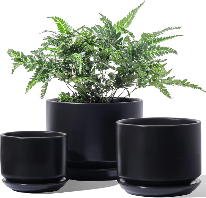 LE TAUCI Ceramic Plant Pots, 4.3+5.3+6.8 inch, Set of 3, Planters with Drainage Hole and Saucer, Indoor Flower Pot with Hole Mesh Pad, Gifts for Mom, Black