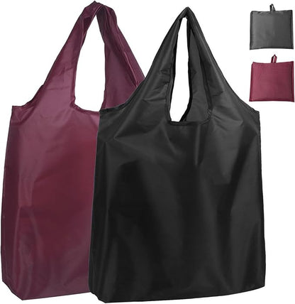 2 Pack Reusable Shopping Bags Foldable Grocery Shopping Tote Bag Eco-Friendly Washable Lightweight Folding into Attached Pouch for Daily Shopping Loading 2 Colors (Black+Wine Red)