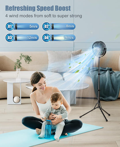 10000 mAh Pedestal Fan with 8.5'' Size - 4 Speeds Portable Desk Fan with Adjustable Height, Rechargeable Standing Fan, Quiet Air Circulator for Home, Office, and Outdoor Use