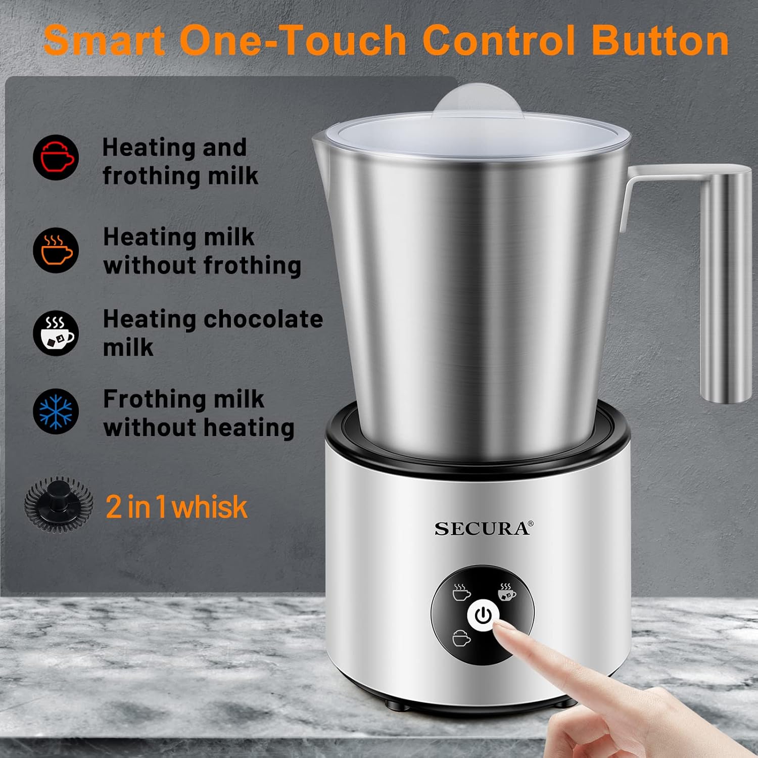 Secura Automatic Milk Frother, 4-in-1 Electric Milk Steamer, 17oz Detachable Hot/Cold Foam Maker, Milk Warmer for Latte, Cappuccinos, Macchiato, Hot Chocolate, with Silicone Spatula & 2 Whisks - PuriLite