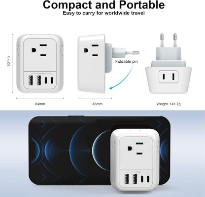 VYLEE Travel Plug Adapter, International Plug Adapter with 4 AC Outlets 4 USB Ports(2 USB C), Travel Adapter Type C Travel Essentials for US to Most Europe France Germany Italy Spain [1 Pack]