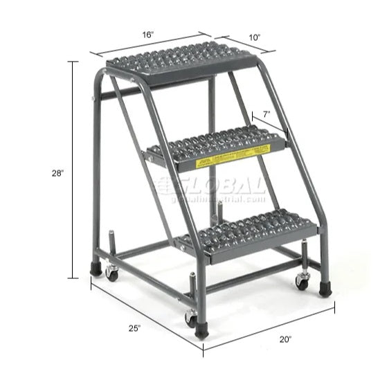 Grip 16"W 3 Step Steel Rolling Ladder 10"D Top Step - 318G