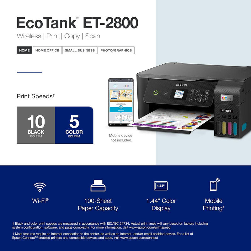 Epson EcoTank ET-2800 Wireless Color All-in-One Cartridge-Free Supertank Printer with Scan and Copy – The Ideal Basic Home Printer - Black