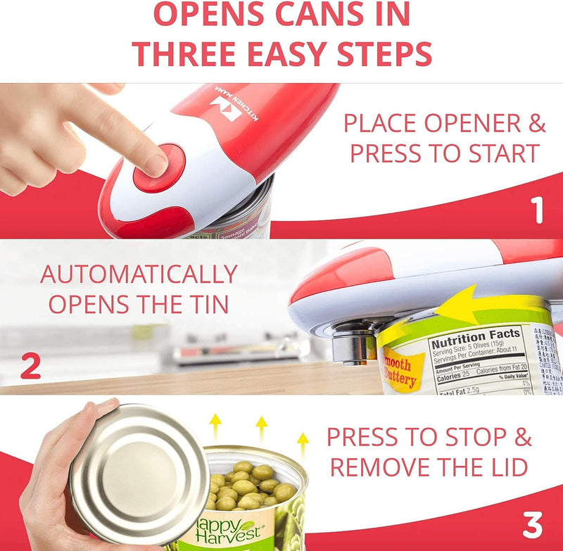 Kitchen Mama Electric Can Opener: Open Your Cans with A Simple Push of Button - No Sharp Edge, Food-Safe and Battery Operated Handheld Can Opener(Red)