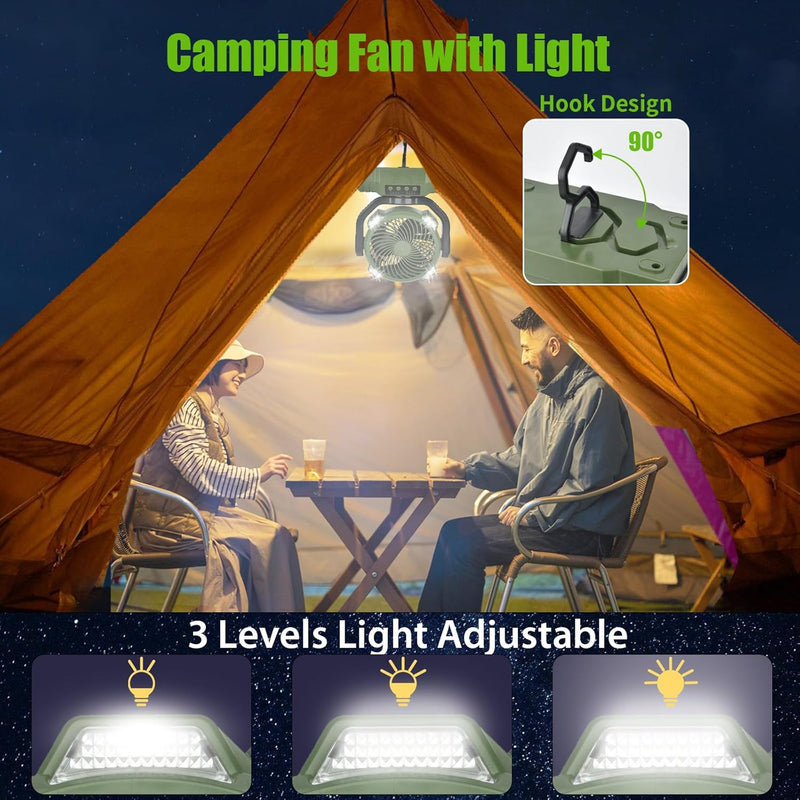 Camping Fan with LED Light, 10000mAh Rechargeable Battery, 4 Speeds & Timers - Portable Desk Fan with Remote Control for Camping, Emergency, Jobsite (Green)